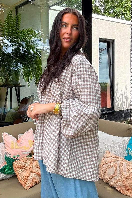 Nonni Gingham Bell Sleeve Peasant Blouse Mocha